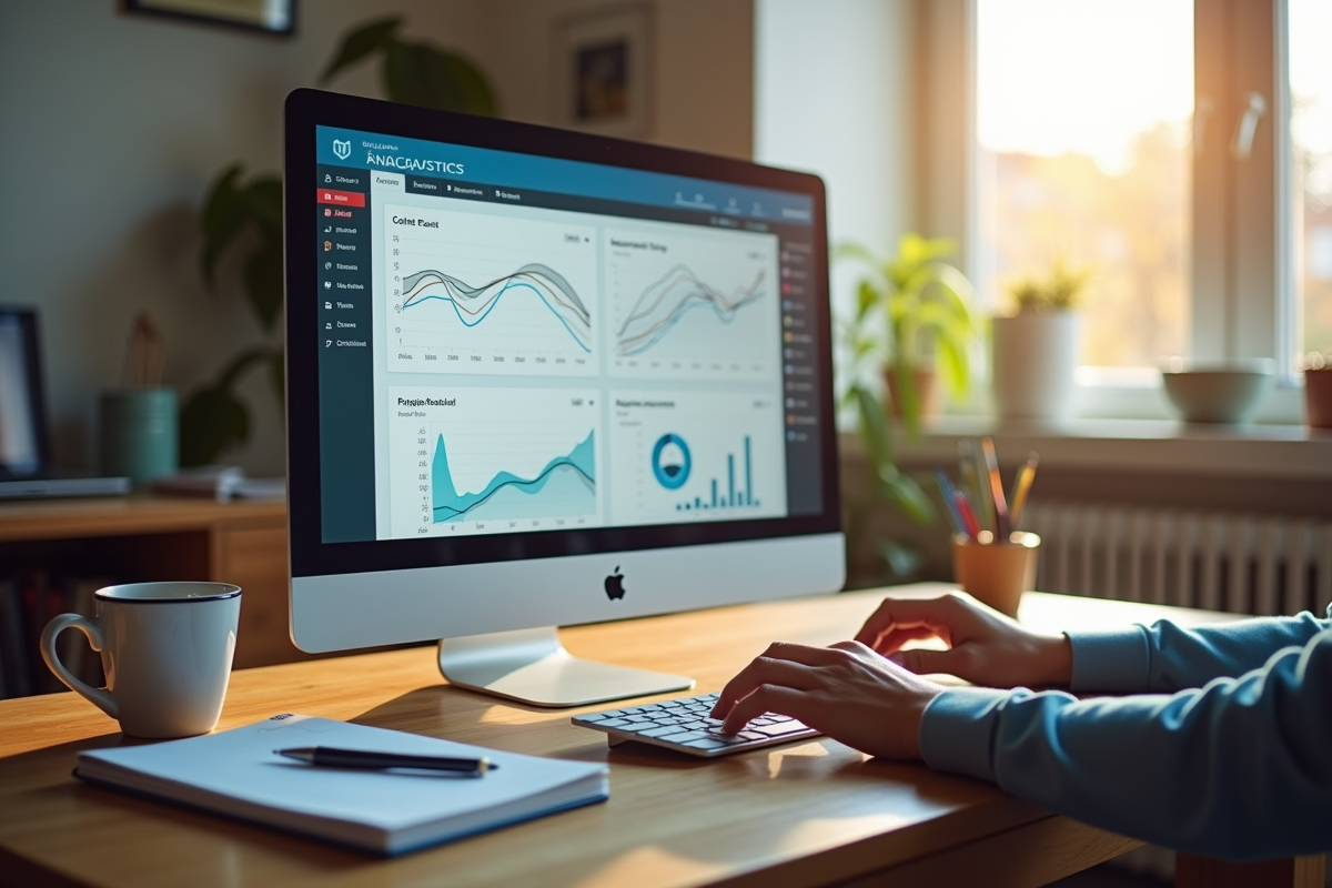 Tableau de bord analytique sur ordinateur avec ambiance cosy