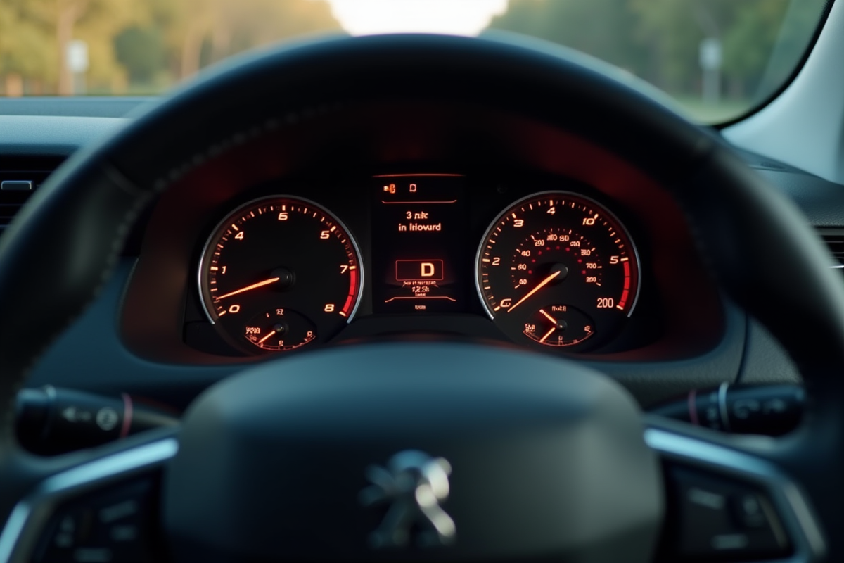 Zoom sur le tableau de bord avec voyant allumé dans une Peugeot