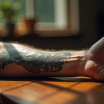 Bras d'homme tatoué en noir et gris en gros plan