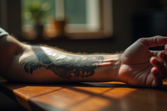 Bras d'homme tatoué en noir et gris en gros plan