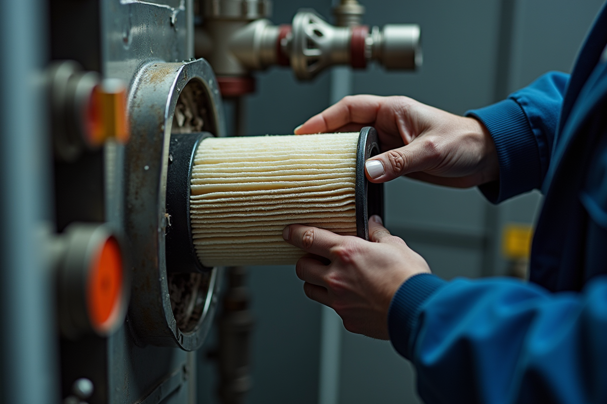 Mains d’un technicien changeant un filtre de chaudière sale