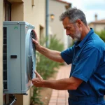 Technicien en bleu inspectant une pompe à chaleur en Provence