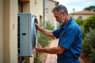 Technicien en bleu inspectant une pompe à chaleur en Provence