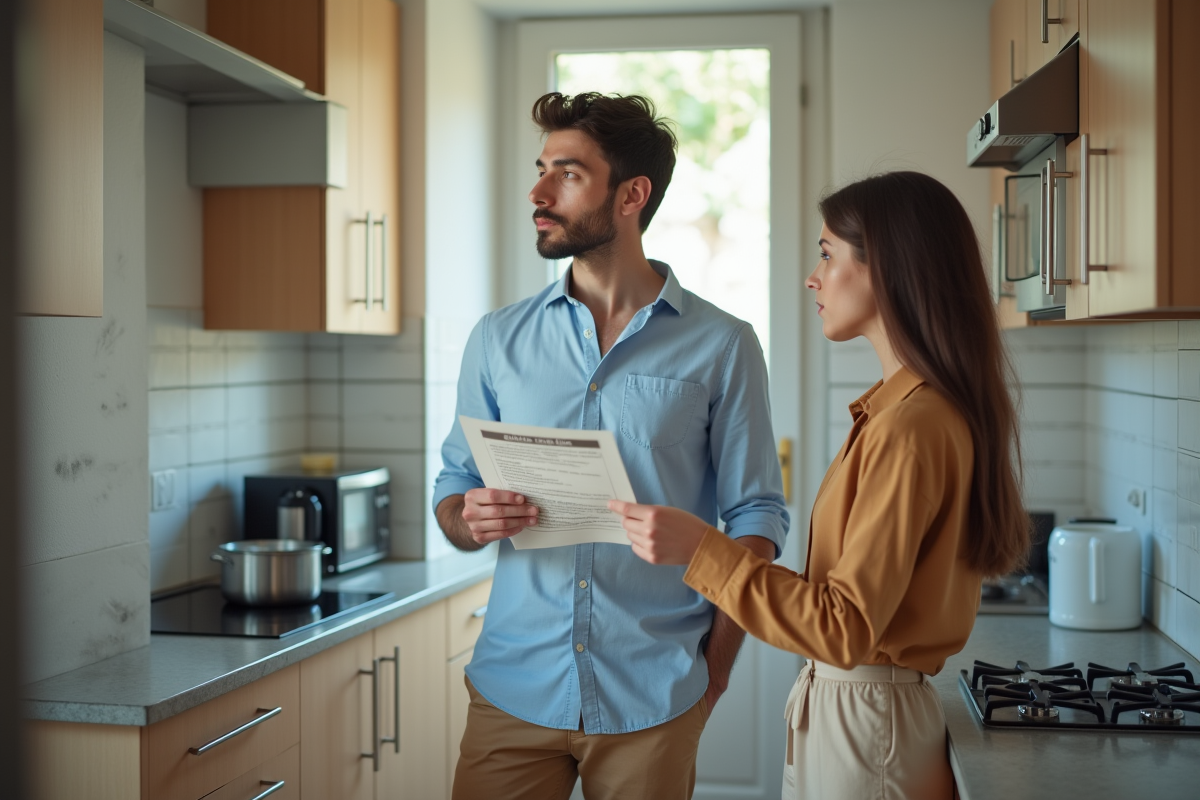Jeune homme tenant un avis de règles dans une cuisine partagée