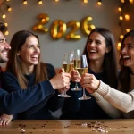 Groupe d'amis portant un toast pour le Nouvel An 2026 dans un appartement décoré avec confettis et bannière dorée