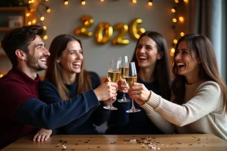 Groupe d'amis portant un toast pour le Nouvel An 2026 dans un appartement décoré avec confettis et bannière dorée