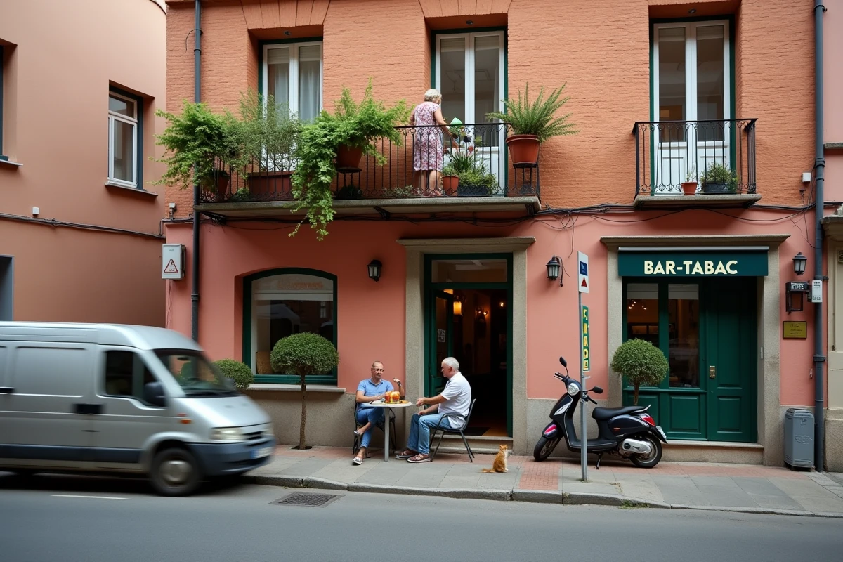 Rue d'un quartier populaire de Toulouse avec la brique rose caractéristique de la ville et une scène de vie quotidienne apaisée
