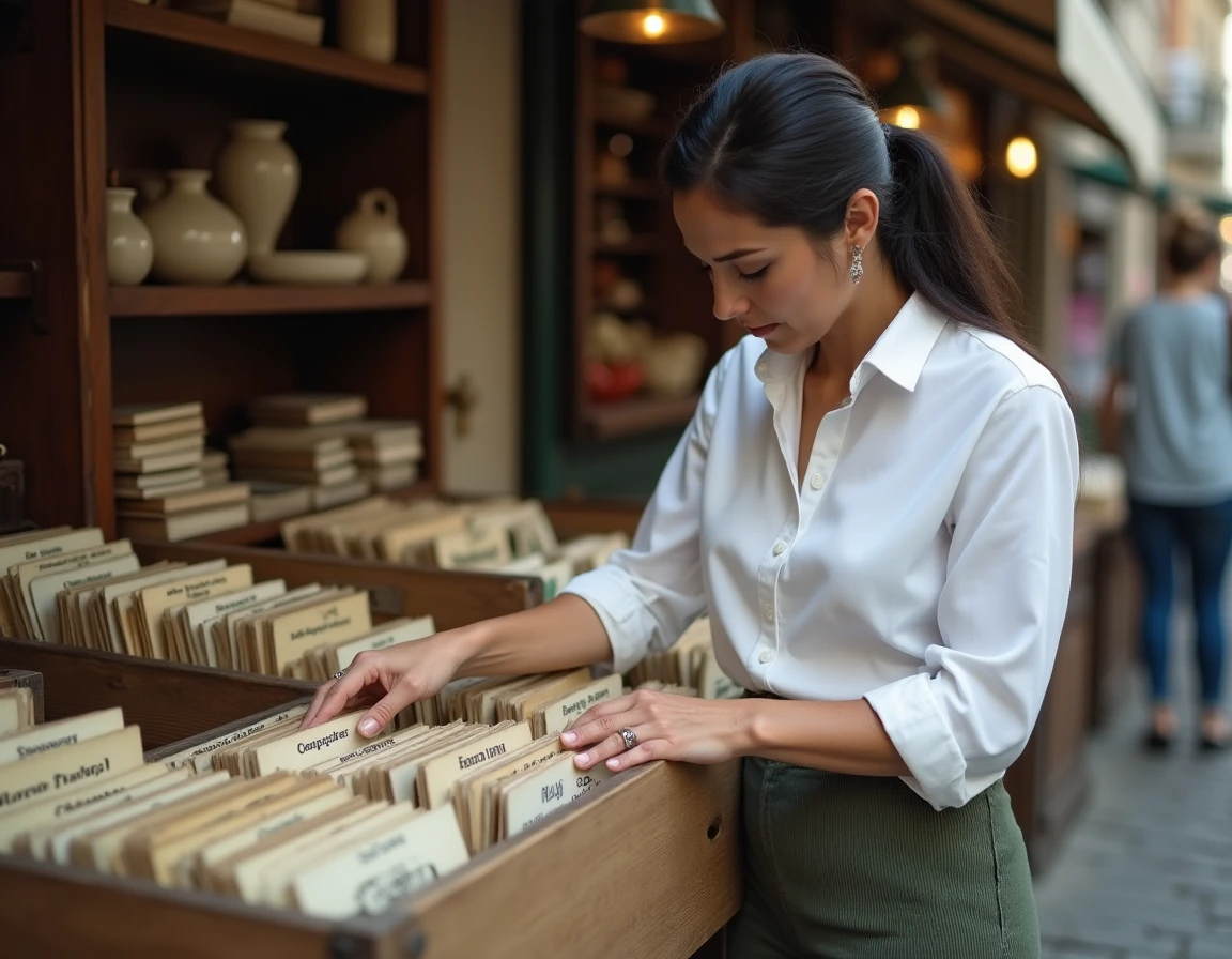 Femme triant des disques 78 tours dans une caisse en bois sur un marché aux puces spécialisé vinyles anciens