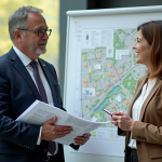 Urbaniste et maire discutant devant un tableau de planification urbaine