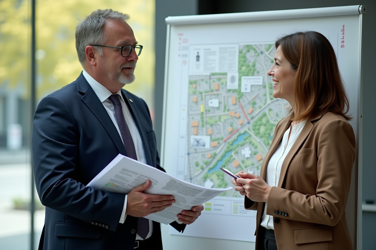 Urbaniste et maire discutant devant un tableau de planification urbaine
