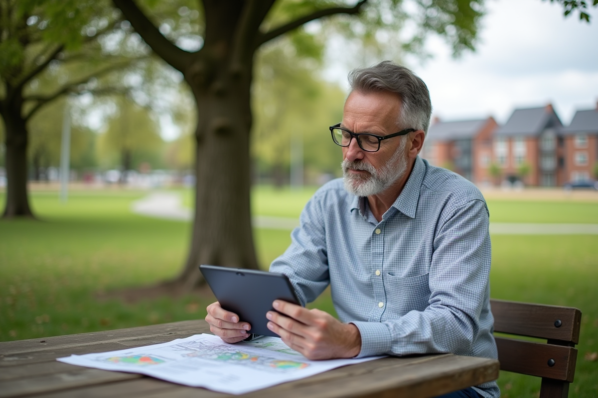 Urbaniste analysant des plans dans un parc calme
