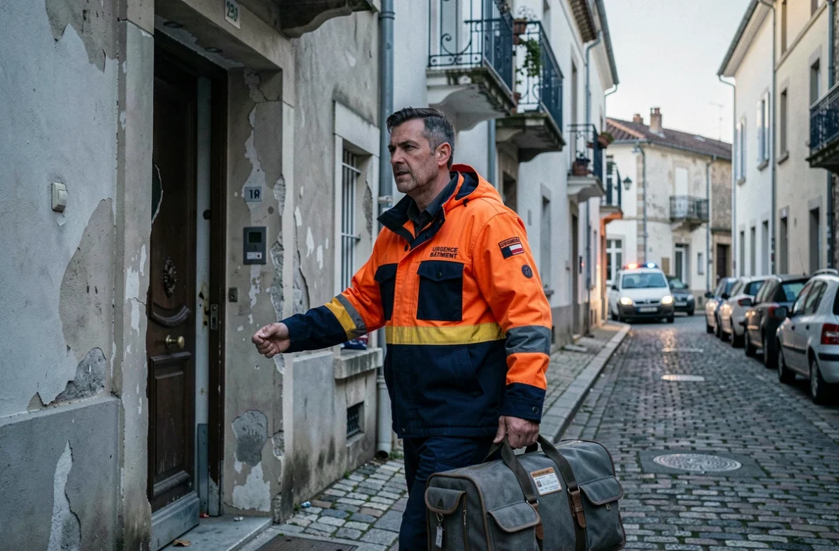 Technicien d'Urgence Bâtiment intervenant sur une porte endommagée dans une rue résidentielle d'Angoulême en Charente