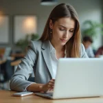 Jeune femme utilisant discrètement son smartphone sous le bureau dans un open space professionnel