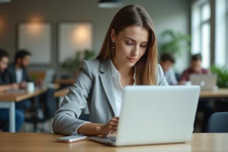 Jeune femme utilisant discrètement son smartphone sous le bureau dans un open space professionnel