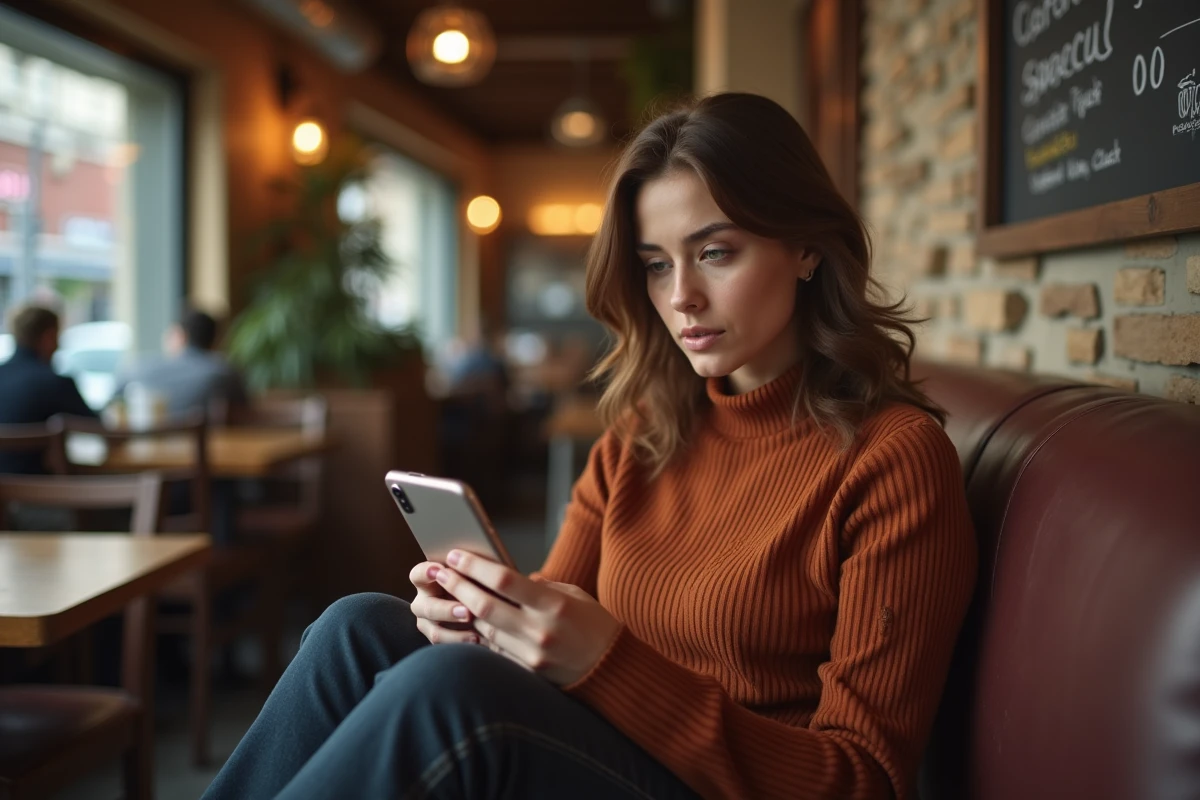 Femme méfiante vérifiant un message suspect sur une application de rencontres bisexuelles dans un café