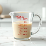 Verre mesure en cuisine sur plan blanc lumineux