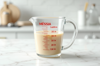 Verre mesure en cuisine sur plan blanc lumineux