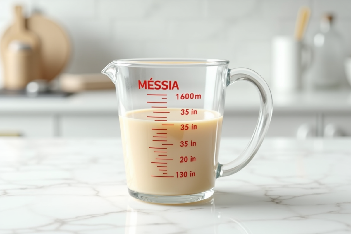Verre mesure en cuisine sur plan blanc lumineux