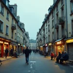 Vue d'ensemble d'une rue urbaine française illustrant la vie quotidienne dans les quartiers populaires des grandes villes