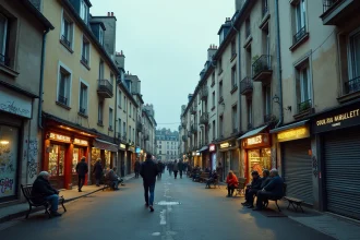 Vue d'ensemble d'une rue urbaine française illustrant la vie quotidienne dans les quartiers populaires des grandes villes