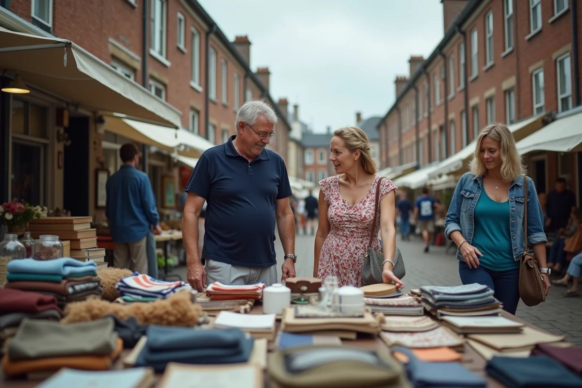 Visiteurs parcourant les étals d'une braderie en plein air dans le nord de la France
