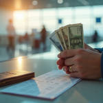Mains d'un voyageur tenant une poche de billets euros et dollars
