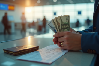 Mains d'un voyageur tenant une poche de billets euros et dollars
